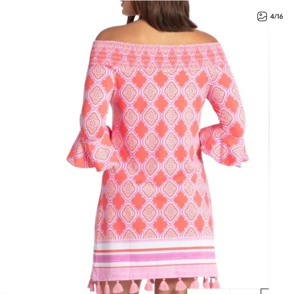 NWT Cabana Life Pink-Orange Smocked Off Shoulder Mini Dress Sizes XS, S, M & XL - Picture 3 of 3